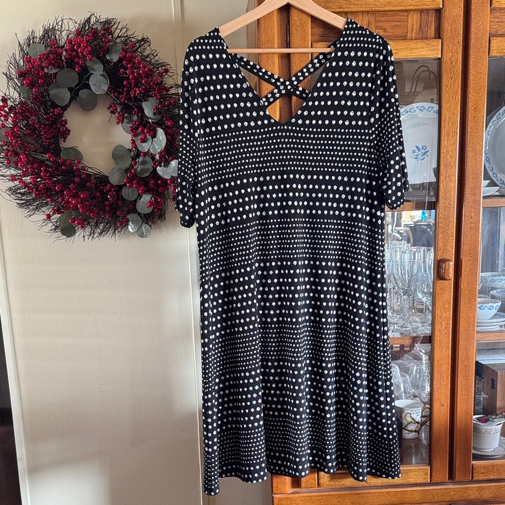 Chico's Black and White Polka Dot Midi Dress with Crisscross Back Straps Size 2
